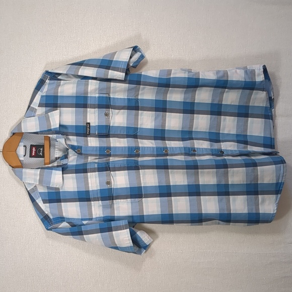 Wrangler Men's Short Sleeve Button Down Shirt Blue White Plaid Has Venting Large - Picture 1 of 11